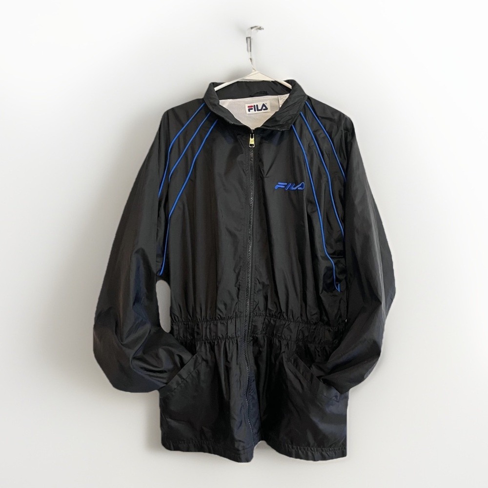 Fila Jacket Mens XL Black Blue Nylon Windbreaker Mesh Lined Elastic Waist